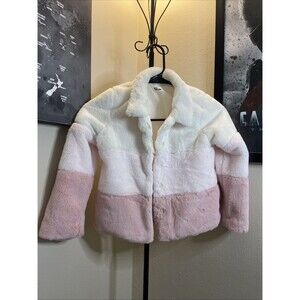 Epic Threads Girls Soft Faux Fur Coat Cream/Pink Collar Size 6